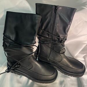 Pretty Little Thing Black Chunky Sole Boots W/ Wrap Around Tie Uk Size 6 = 8/8.5